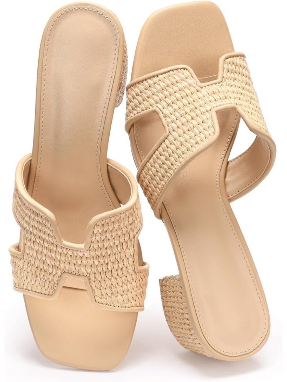 Women's Natural Casual Cutout Strap Square Open Toe Low Block Chunky Heels